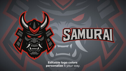 Dark Samurai Mask Logo with Red Horns – Esports or Gaming Mascot Vector Illustration
