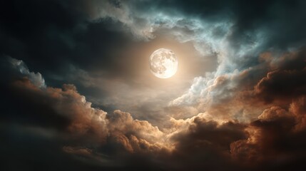 bright moon with halo and dark clouds, perfect lighting, realistic and cinematic style