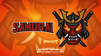 Flaming Samurai Demon Mask Logo with Dual Swords – Esports or Gaming Mascot Vector
