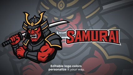 Red Armored Samurai Mascot Logo with Katana – Gaming or Esports Team Vector Identity
