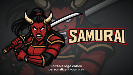 Oni Female Samurai Mascot Logo with Sword – Esports or Gaming Warrior Character Vector
