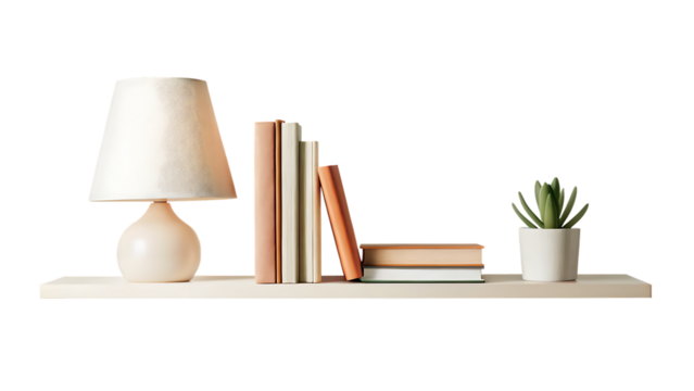  lamp books and succulent plant on the shelf isolated on white background PNG