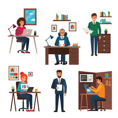 Modern Workplace Illustration of Diverse Professionals in Office Settings