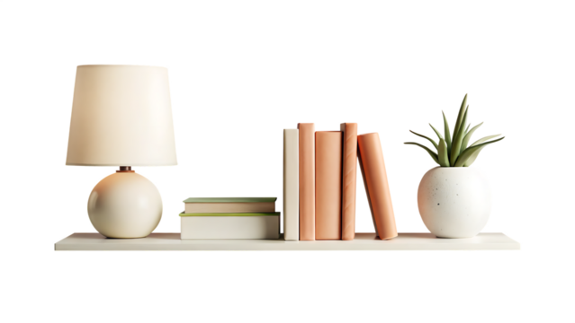  lamp books and succulent plant on the shelf isolated on white background PNG