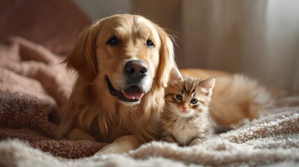 Golden retriever and kitten sharing a quiet moment on a cozy blanket, a heartwarming bond between unlikely friends