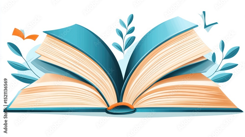 Poster an open book surrounded by botanical elements is illustrated