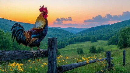 Vibrant rooster on fence at sunset in lush countryside landscape. 2029 year rooster, calendar - Powered by Adobe
