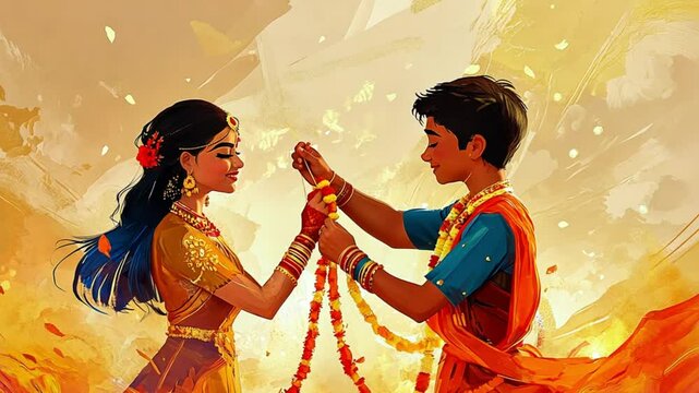 A young Indian boy and girl are holding hands, adorned in traditional attire. The background features warm colors, symbolizing celebration and unity.
