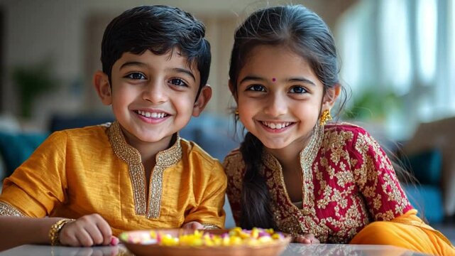 Two young Indian children smile while sitting at a table. The boy wears an orange kurta, and the girl wears a red and gold dress. A bowl of sweets is in front of them.