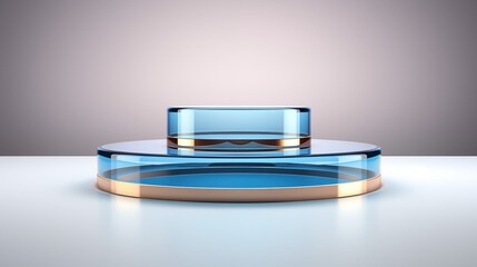 Light blue round glass with gold lines, podium on a gray background, front view, color image, banner, no people
