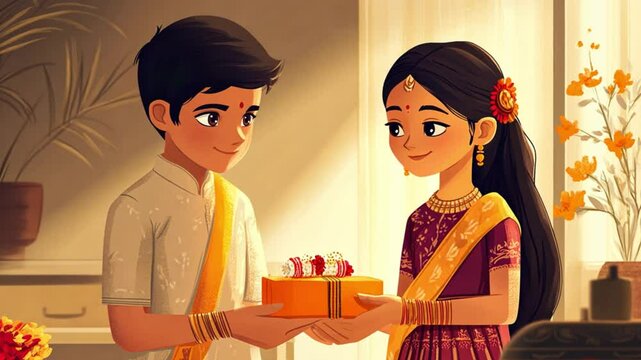 Two young South Asian children exchange gifts in a warm, decorated room. The boy wears a white shirt and yellow sash. The girl wears a traditional red dress with gold accents.