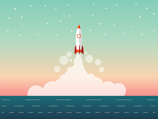 Rocket launch with smoke over ocean and starry sky in colorful background