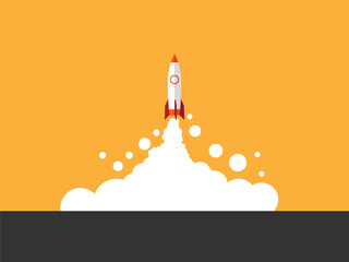 Rocket launch with smoke and fire on orange background, symbolizing progress and innovation
