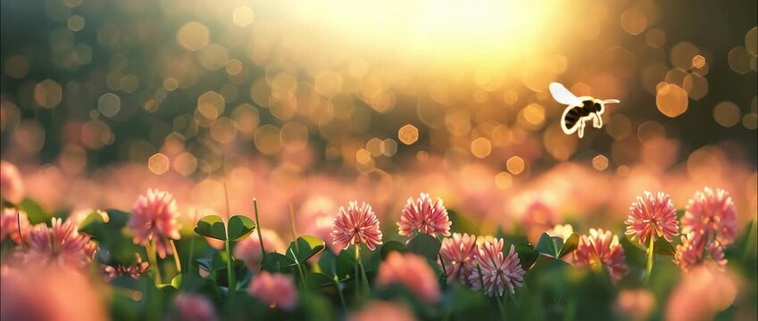A beautiful close-up of a bee pollinating pink flowers, bathed in soft morning light. This vibrant scene captures the essence of nature's beauty and harmony.