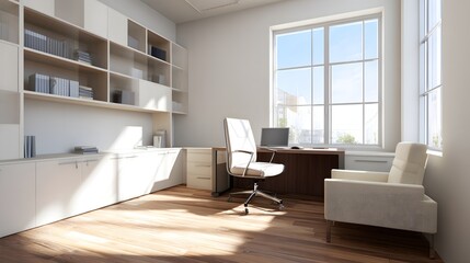 Fototapeta premium Minimalist wooden office corner with clean lines and natural light, embodying modern simplicity and open space harmony