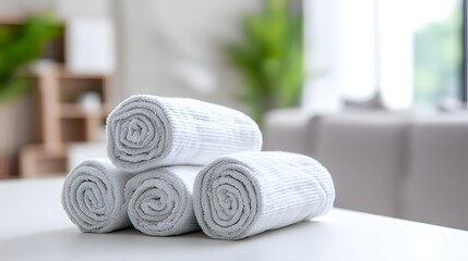 Neatly rolled white towels on a table, soft texture, clean and minimalist style, conveying simplicity and comfort