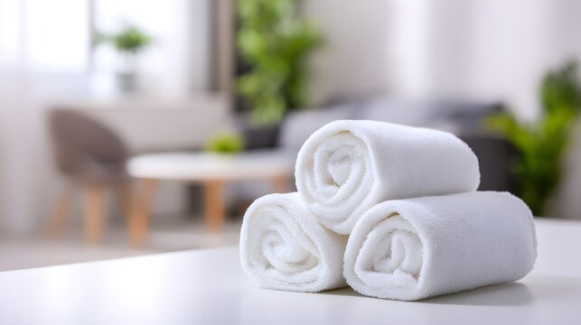 Neatly rolled white towels on a table, soft texture, clean and minimalist style, conveying simplicity and comfort