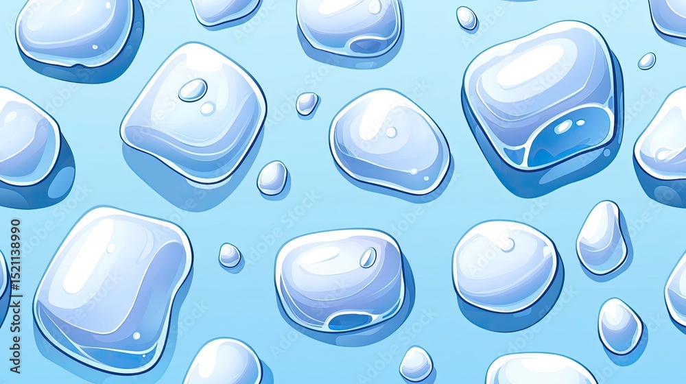 Poster glossy ice cubes are scattered randomly on a light blue surface