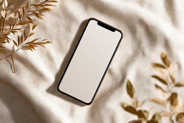 Blank Screen Gold Smartphone Mockup on Beige Linen with Dried Branch - Autumn Flatlay