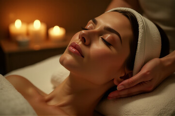 Fototapeta premium A woman relaxes with a facial massage at a spa, perfect for wellness and self-care
