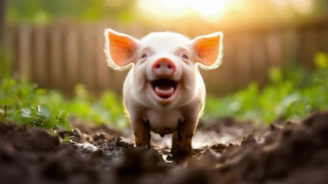 Happy piglet running joyfully in sunlit mud. 2031 year pig according calendar