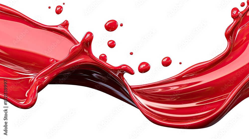 Poster red paint dramatically splashes and flows on a white background