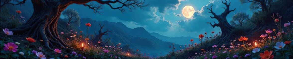 Obraz premium A mystical garden overflowing with vibrant herbs, unusual flowers, and strange, gnarled plants under a twilight sky Perfect for Halloween, fantasy, or magical themes , stars, mystery, halloween