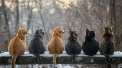 Group of cats sitting outdoors on snow-covered fence in winter landscape - Powered by Adobe