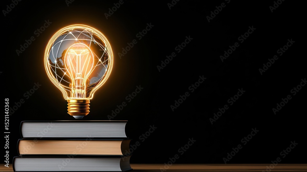 Poster glowing lightbulb with world map filament atop stacked books