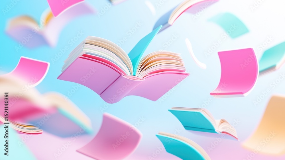 Poster colorful stylized open books float against pastel gradient background
