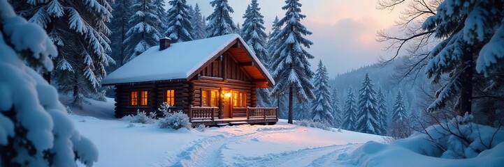 Cozy cabin nestled deep in a snowy forest, hidden from the harsh winter winds Perfect for a winter escape or holiday getaway Warmth, comfort, and serenity abound , winter wonderland, hidden away