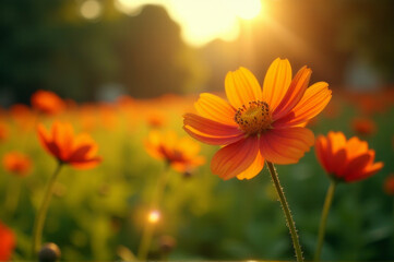 A bright yellow flower with the warm sunlight shining behind, perfect for nature or outdoor themed designs