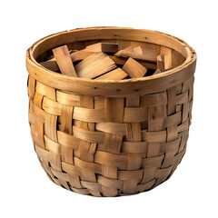 Woven Bamboo Basket Filled with Wood Pieces A Study in Texture and Form isolated on transparent background