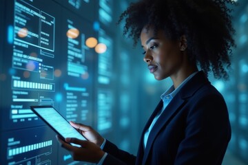 African American Female Tax Professional Utilizing Holographic Screens for E-Invoice Access and Electronic Tax Filing.