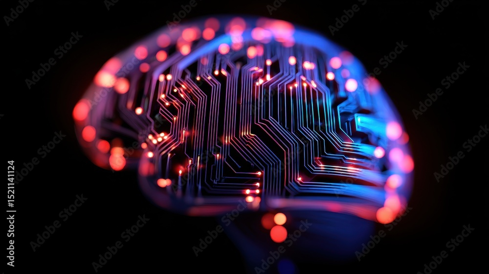 Poster abstract representation of a brain with circuit patterns and glowing lights on a dark background