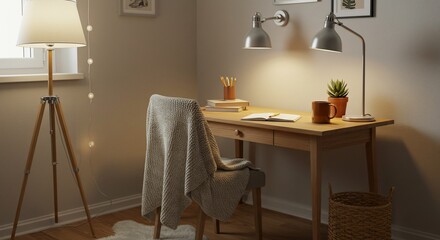 Cozy Home Office Nook with Warm Lighting and Knitted Throw