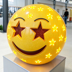 Giant Smiling Emoji Sphere: Starry Eyes, Yellow Smiley Face Sculpture in Modern Interior isolated on transparent background