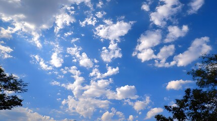 Clear blue sky with scattered white clouds, a serene and boundless horizon