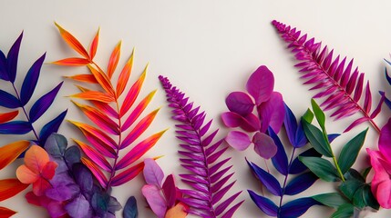 Vibrant neon tropical leaves in a flat lay, radiating bold energy and modern tropical vibes
