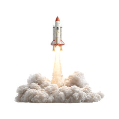 Rocket launching into space, leaving a trail of smoke and fire.