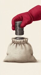 A gloved hand places a stack of coins into a tied cloth money bag against a plain background.