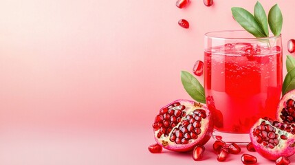 Refreshing pomegranate juice surrounded by sliced fruit and leaves
