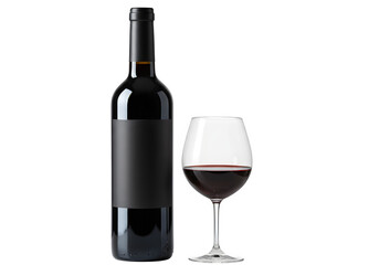 A classic wine bottle with a smooth black label and matching glass filled with dark red liquid, isolated on white or transparent background. PNG