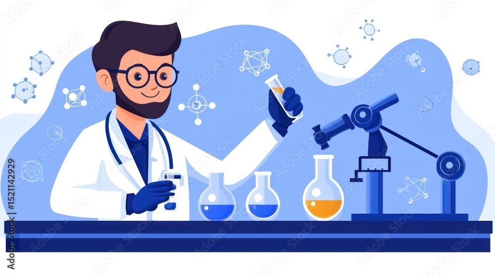 Aufkleber Scientist in lab coat conducts experiment with robot assistance
