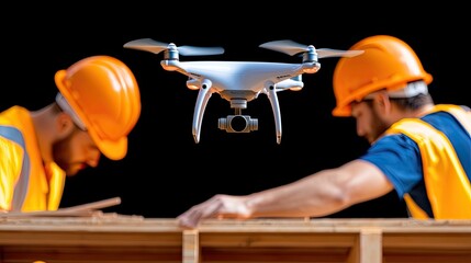 White drone flies above construction workers on a jobsite