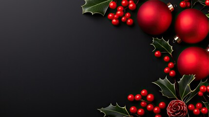 Christmas holiday decorations with red ornaments and holly berries