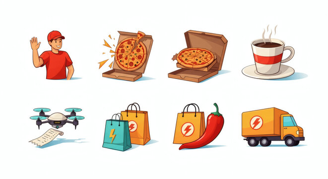 Fast Food Delivery Service Icons Pizza, Coffee, Drone, Truck & More - Powered by Adobe