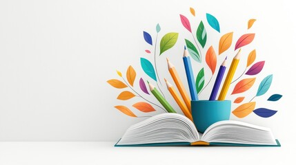 Colorful pencils in a blue cup sit on open book