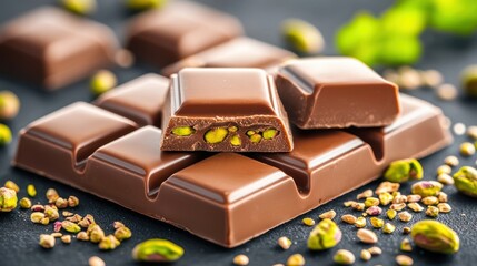 Delicious milk chocolate bar with pistachio nuts on dark surface