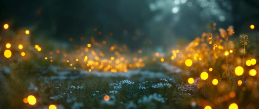 Experience the serene beauty of a tranquil forest trail, illuminated by dreamy floating lights. This enchanting nature scene captures the essence of peace and magic.